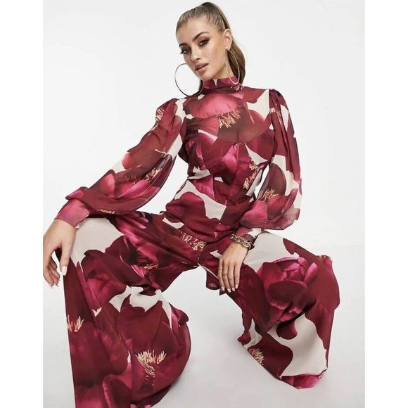 ASOS Pants - ASOS LUXE Glamorous Floral Chiffon Jumpsuit Open Back Long Sleeve Women’s Size 4
